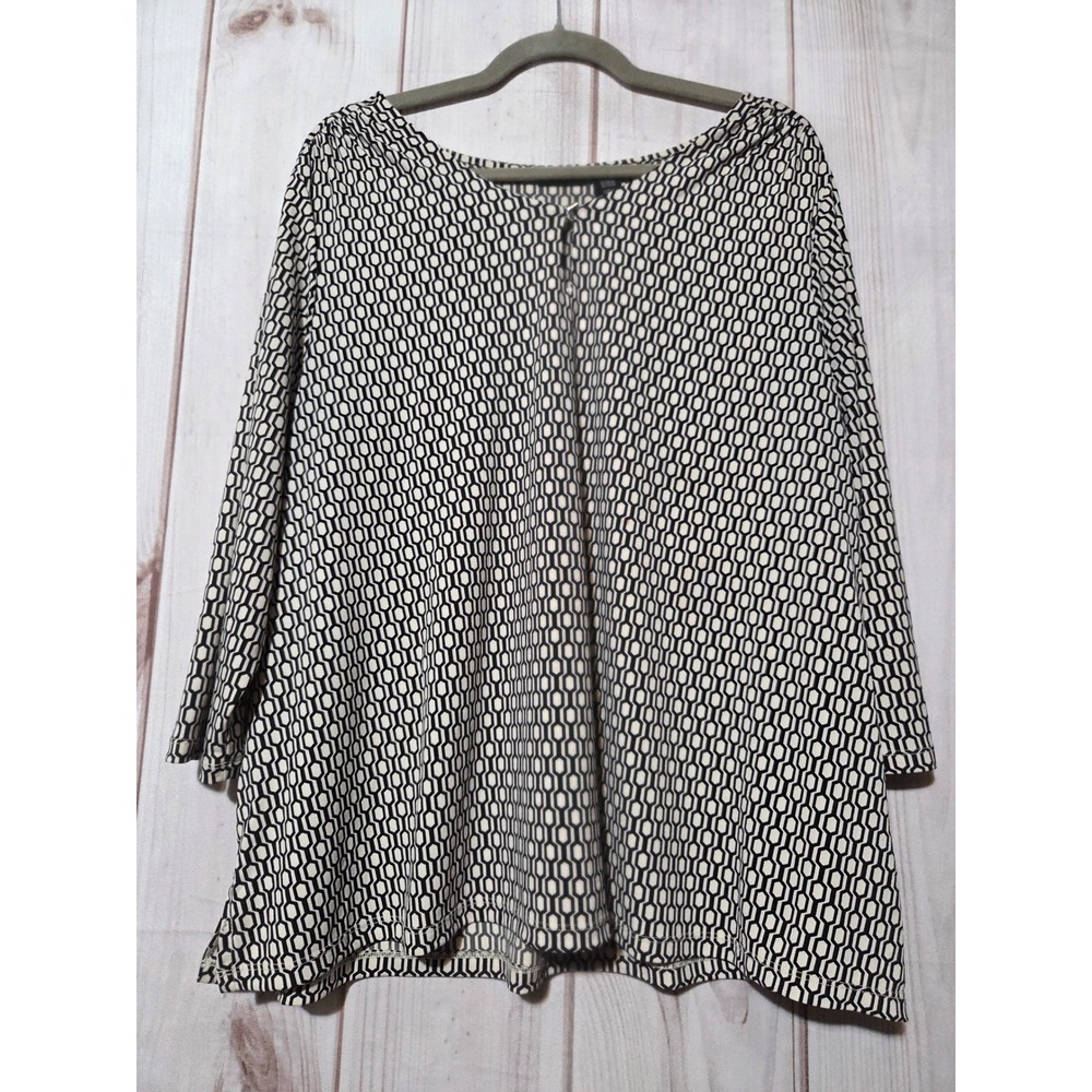 Tahari Women's 2X Black White Geometric Print Long Sleeve Tunic Top